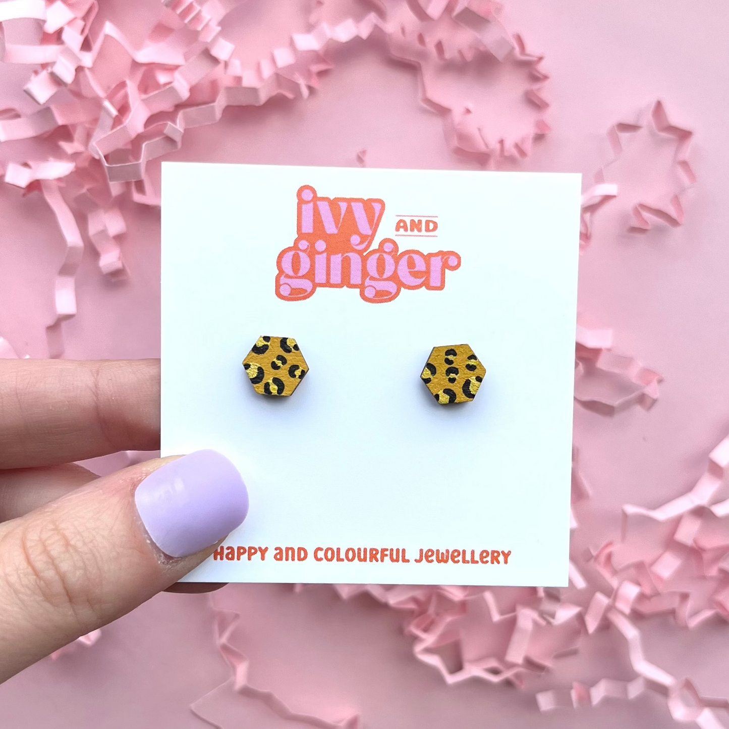 Mini mustard and gold hexagon leopard print stud earrings