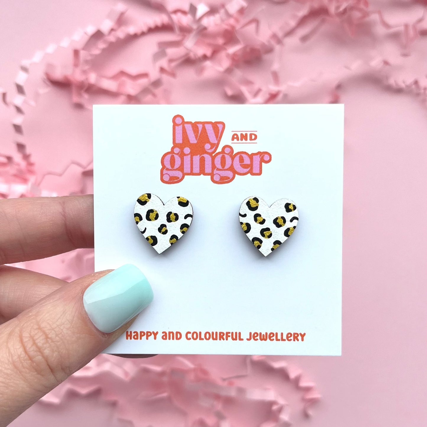 Midi white and gold heart shaped leopard print stud earrings