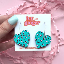 Load image into Gallery viewer, Large green and pink leopard print heart shaped hoop earrings
