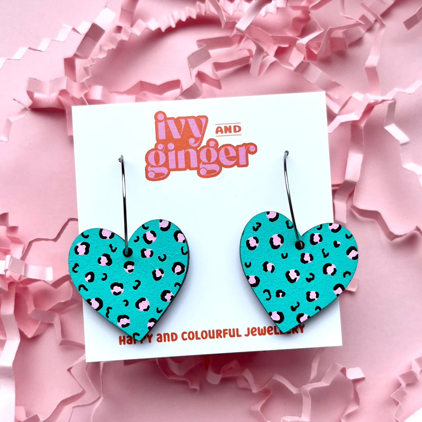 Large green and pink leopard print heart shaped hoop earrings