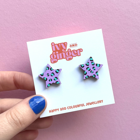 Lilac and teal leopard print star stud earrings