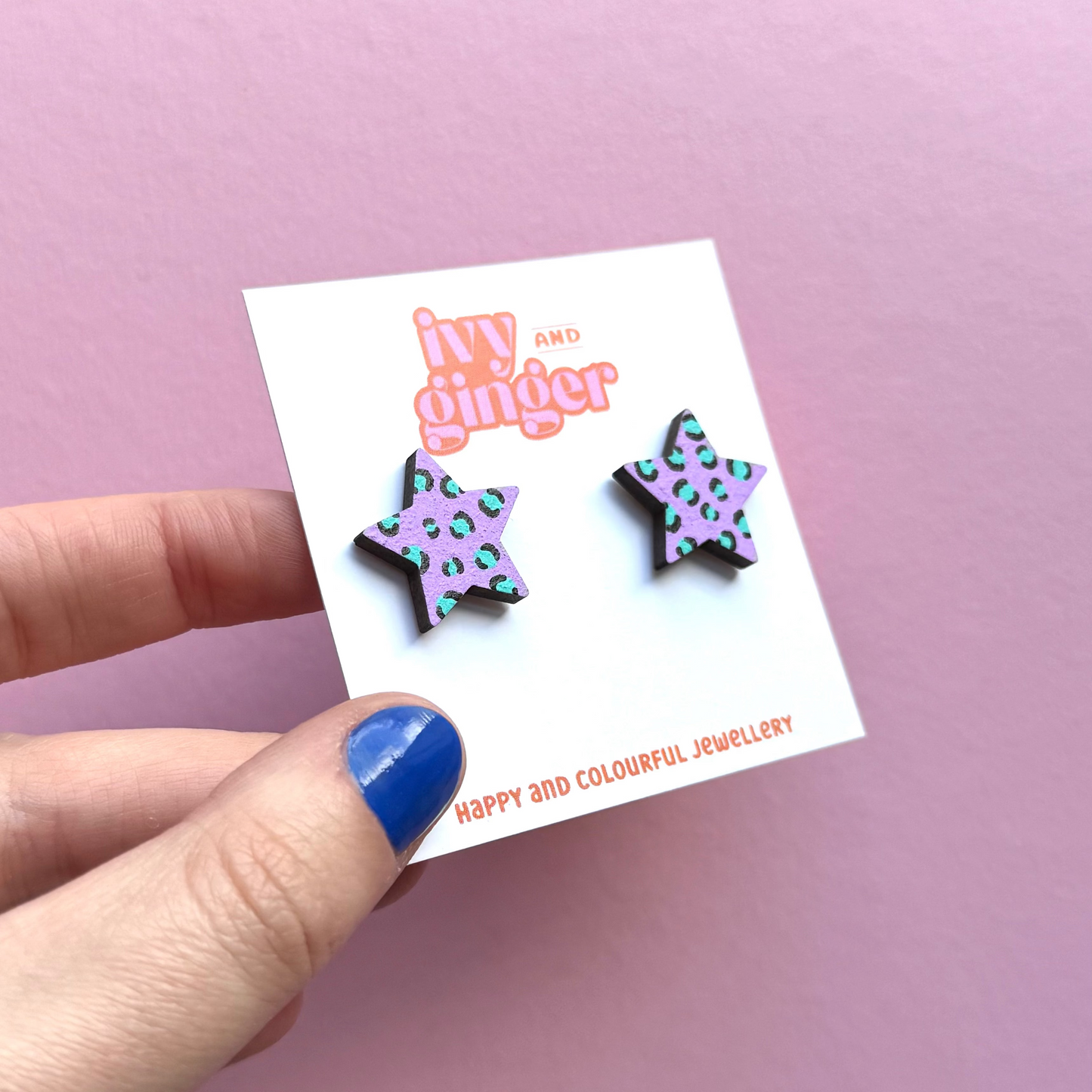 Lilac and teal leopard print star stud earrings