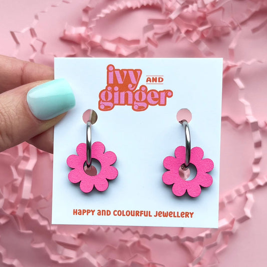 Bright pink bloom flower shaped hoop earrings