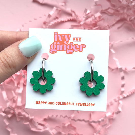 Green bloom flower shaped hoop earrings