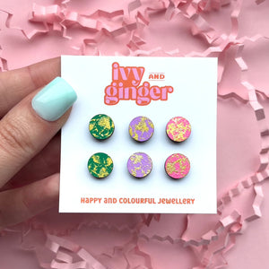 Green, lilac and pink gold blush stud earrings set