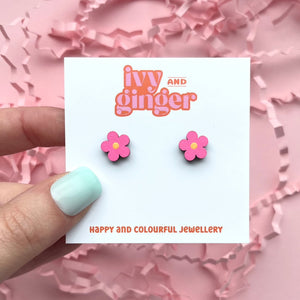 Mini bright pink flower stud earrings