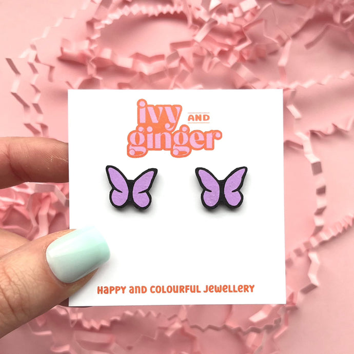 Lilac and black butterfly stud earrings