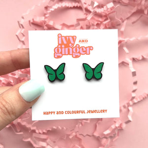 Green and black butterfly stud earrings