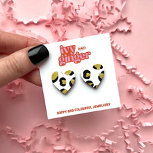 Load image into Gallery viewer, Large gold, black and white leopard print heart studs
