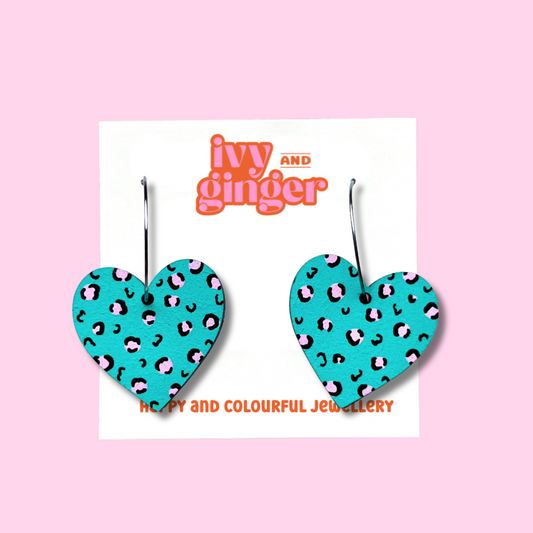 Large green and pink leopard print heart shaped hoop earrings