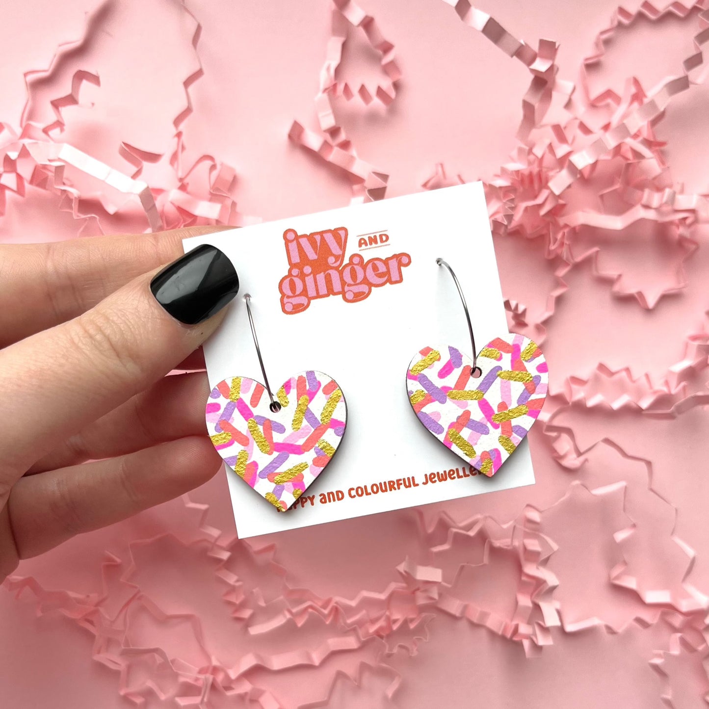 Large pink confetti heart hoop earrings