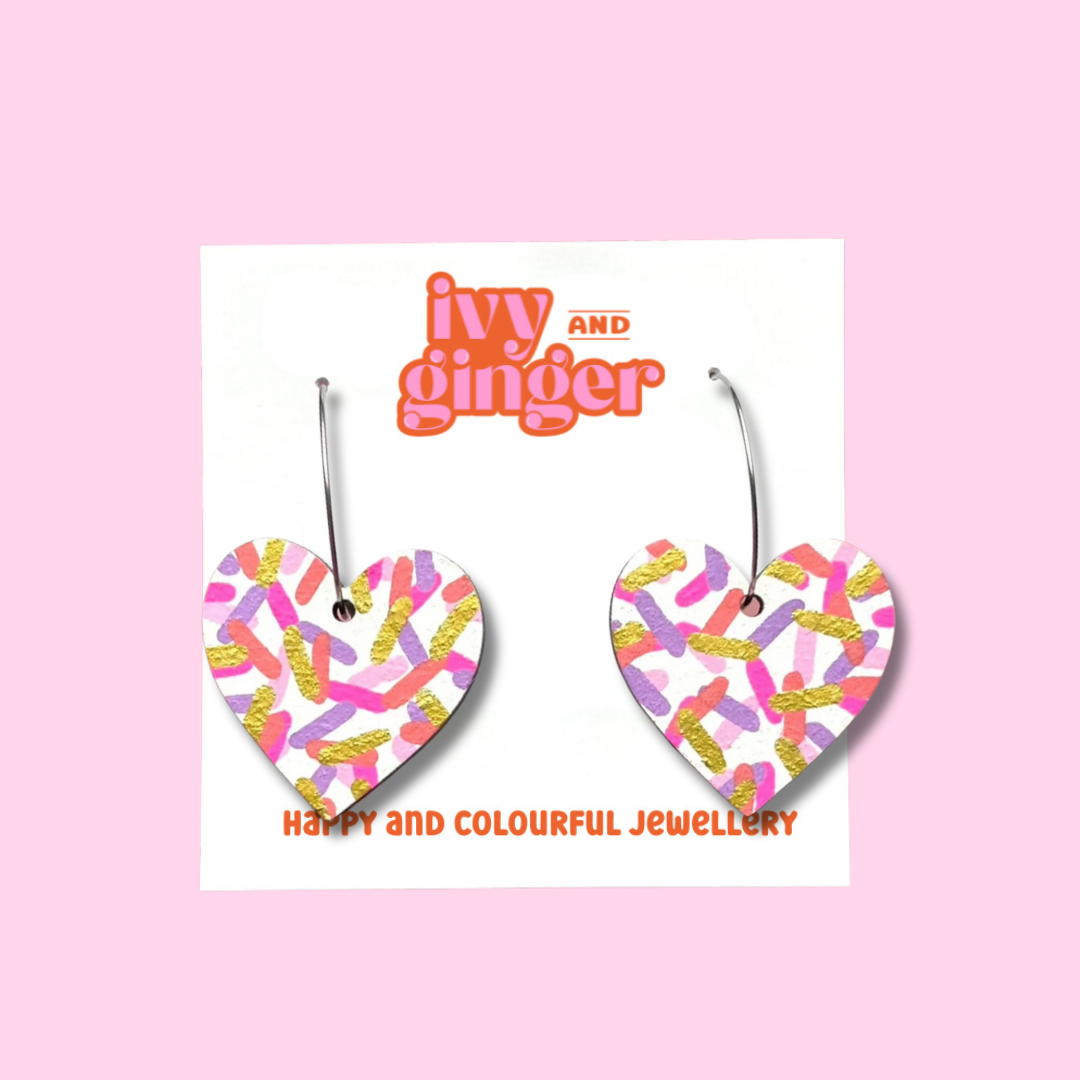 Large pink confetti heart hoop earrings