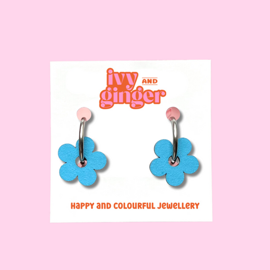 Light blue flower hoop earrings