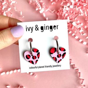 Light pink and red leopard print heart hoop earrings
