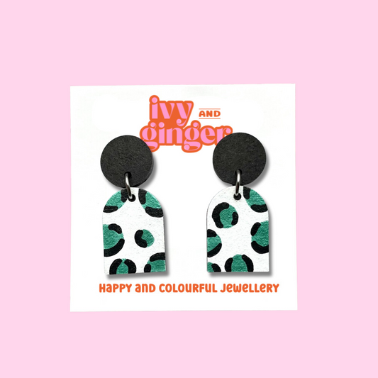 Metallic green leopard print arch dangle earrings