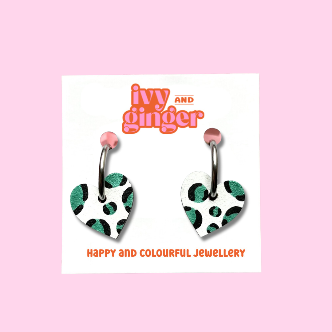 Metallic green leopard print small heart hoop earrings