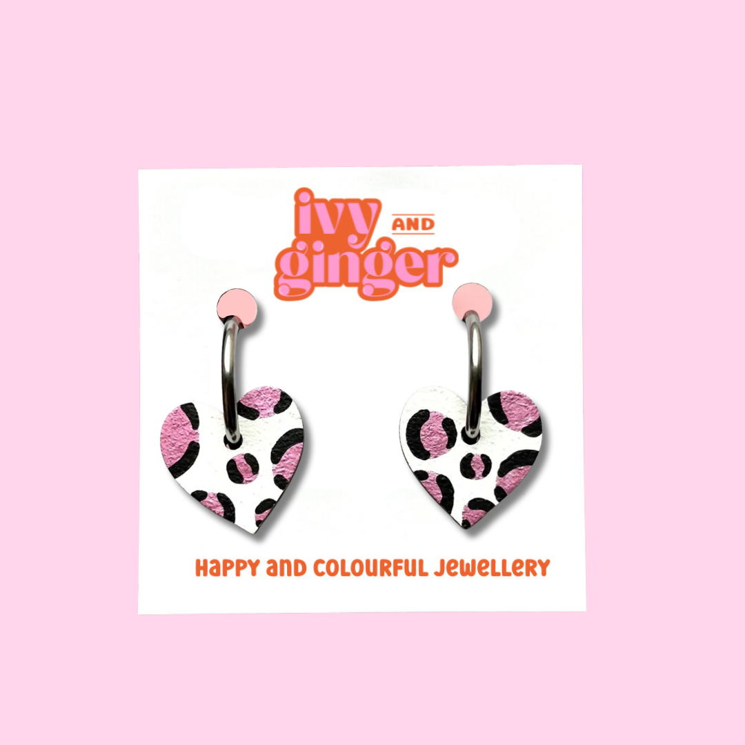 Metallic pink leopard print small heart hoop earrings