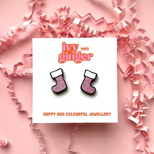 Christmas metallic pink stocking stud earrings