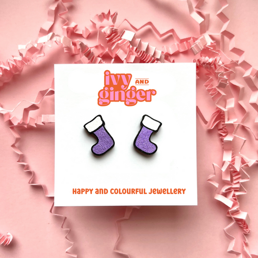 Christmas metallic purple stocking stud earrings