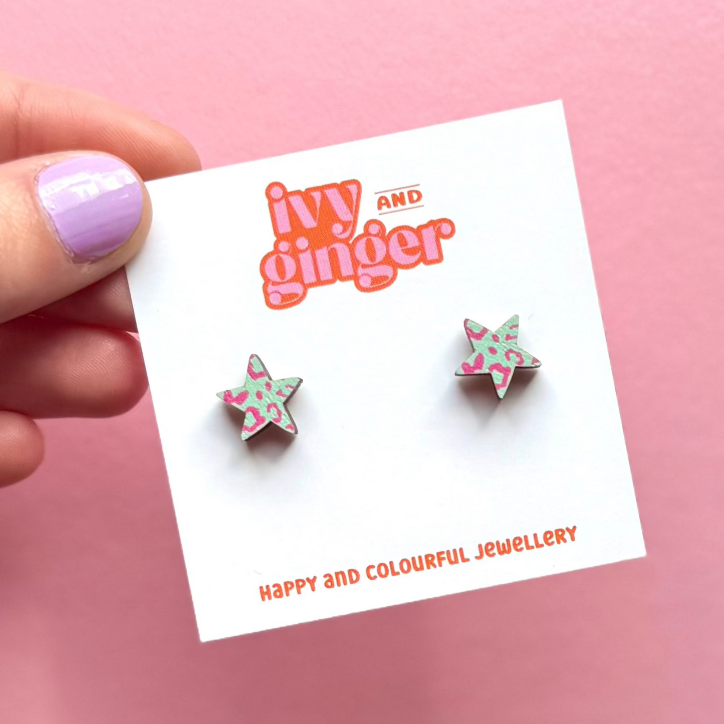Midi mint green and pink leopard print star stud earrings