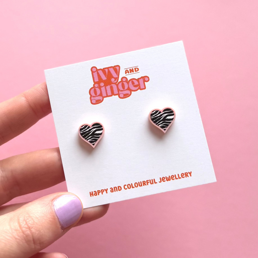 Midi pastel pink zebra print heart stud earrings