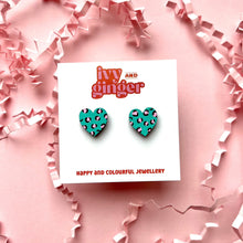 Load image into Gallery viewer, Midi leopard print heart studs in green and pink
