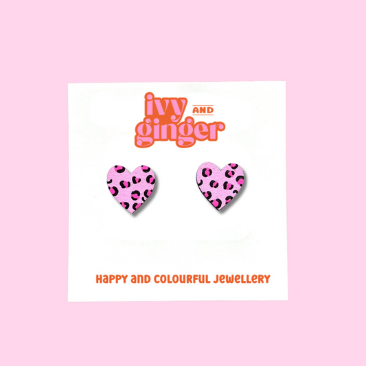 Midi neon pink leopard print heart stud earrings