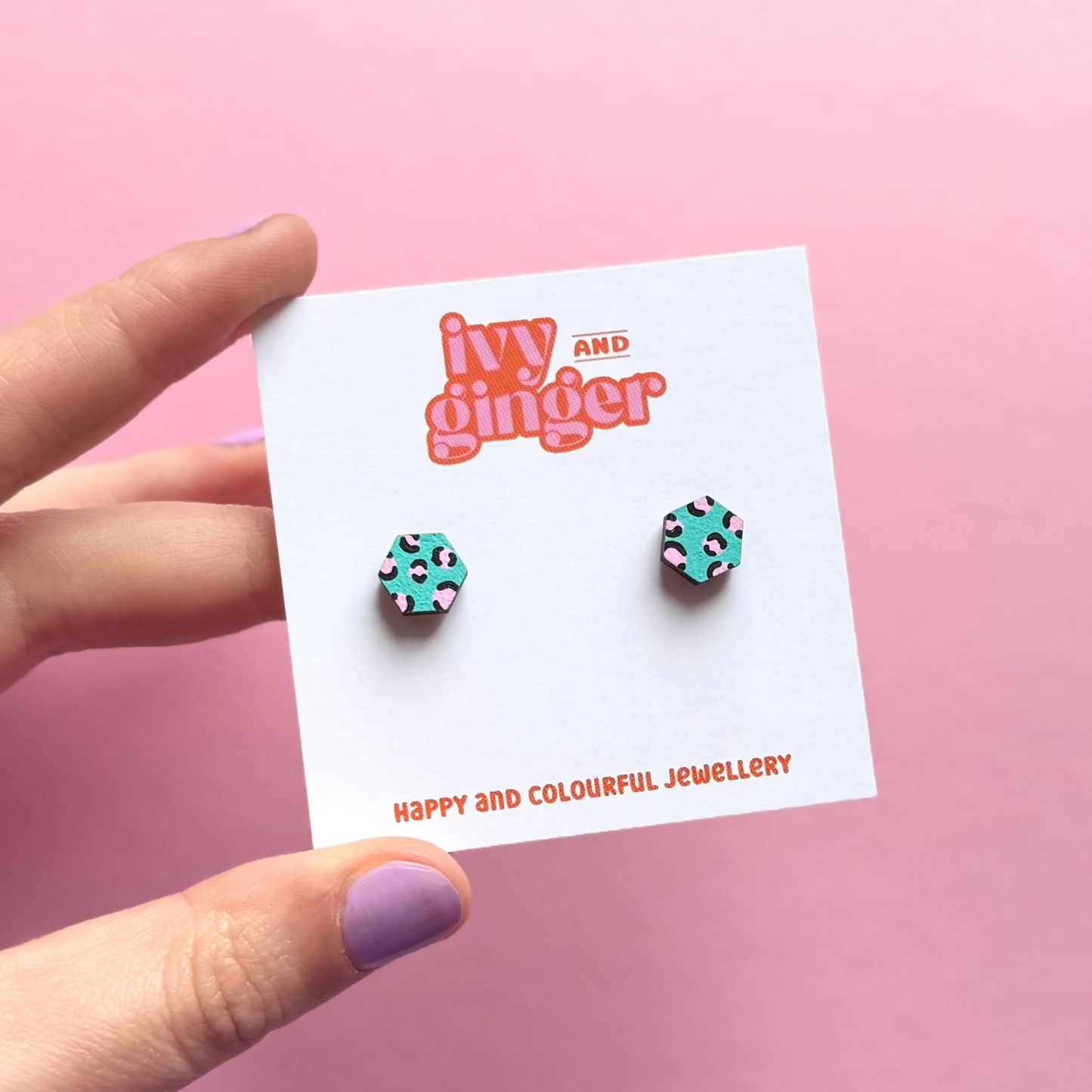 Mini green and pink leopard print hexagon stud earrings