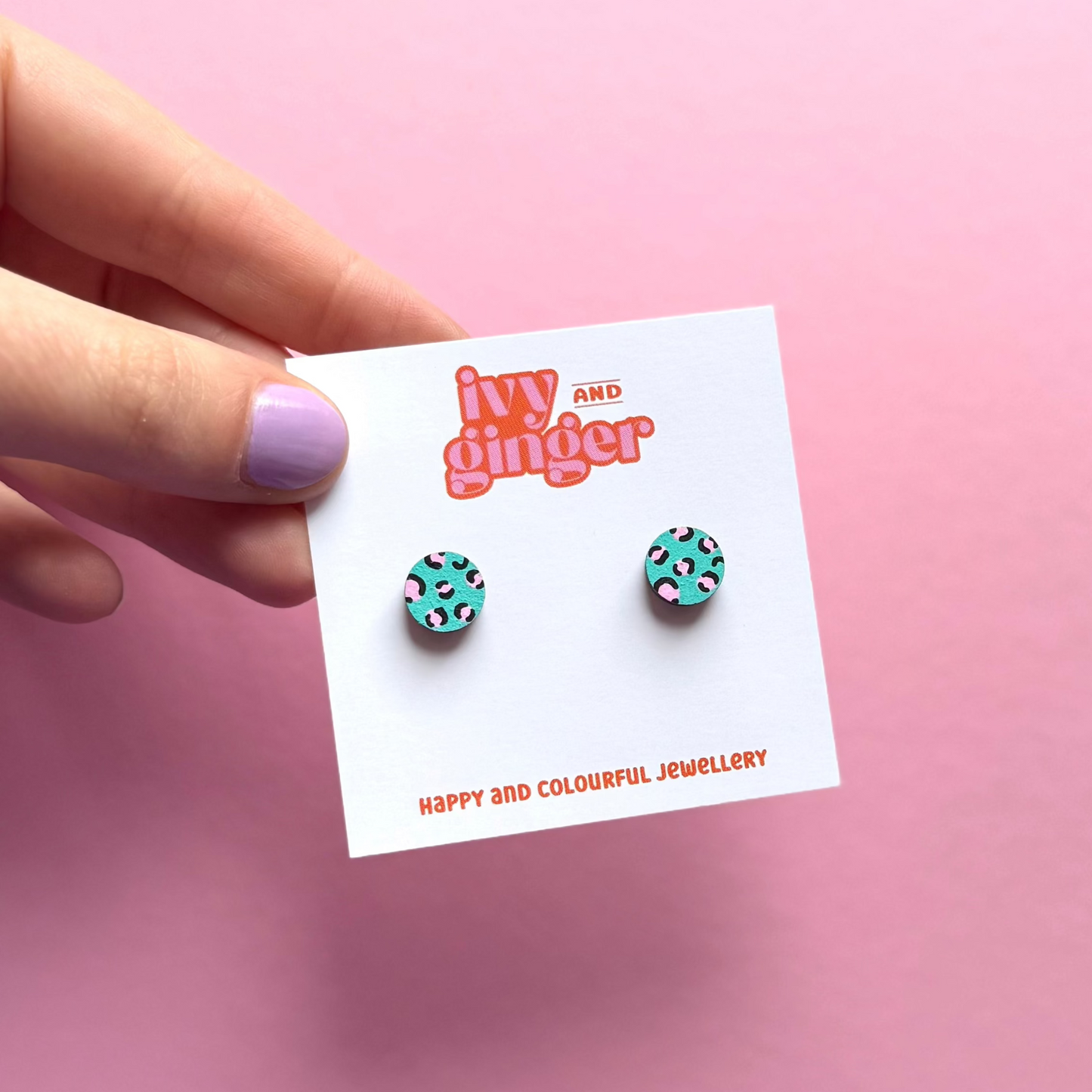 Mini leopard print circle green and pink stud earrings