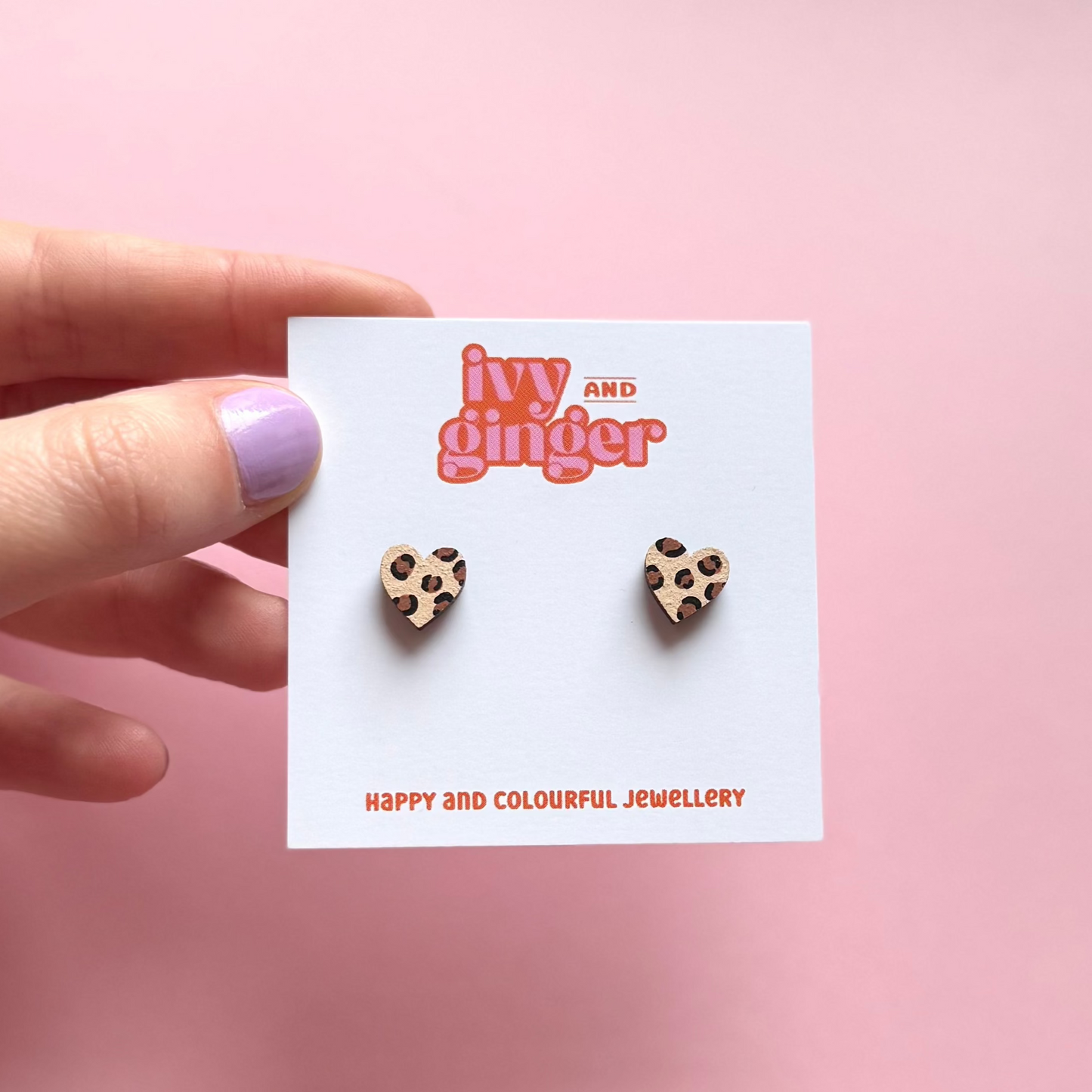 Mini leopard print heart brown and beige stud earrings
