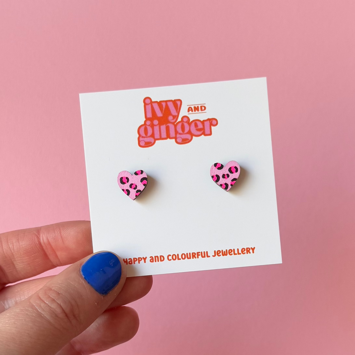 Mini neon pink leopard print heart stud earrings
