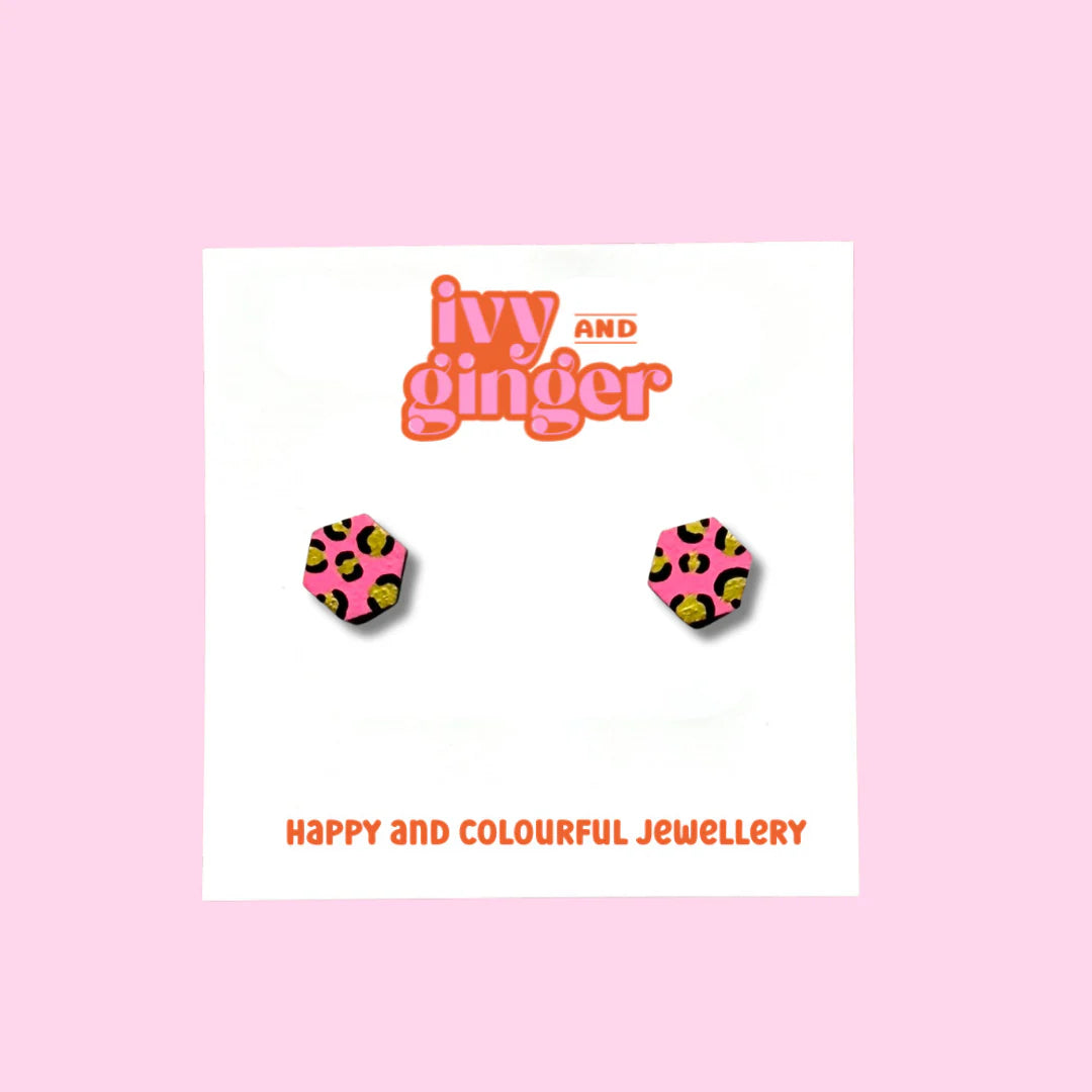 Mini bright pink and gold hexagon leopard print stud earrings