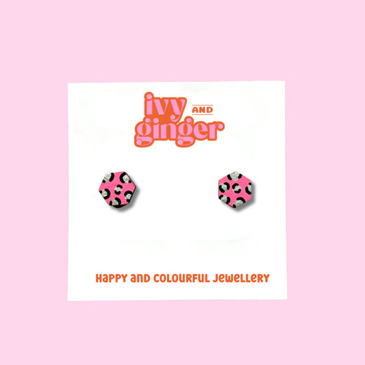 Mini bright pink and silver hexagon leopard print stud earrings