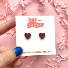 Load image into Gallery viewer, Mini deep red heart stud earrings
