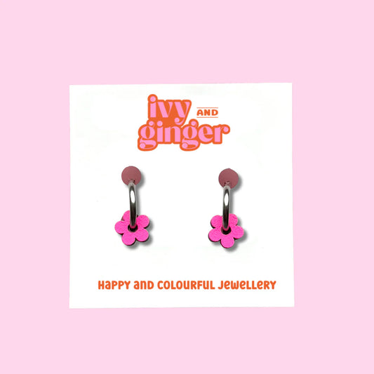 Mini statement neon pink flower hoop earrings