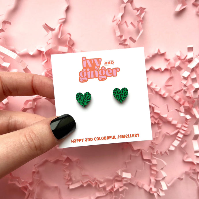 Mini green and black leopard print heart stud earrings