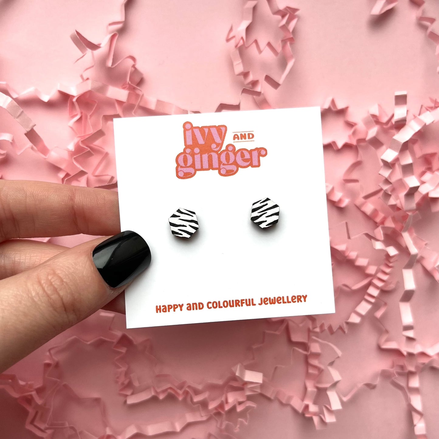 Mini hexagon zebra print stud earrings