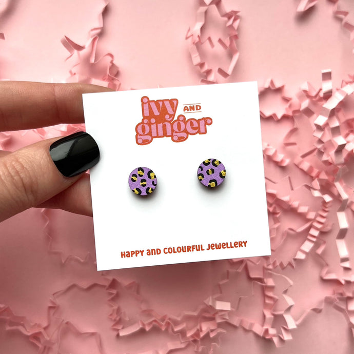 Mini leopard print circle lilac and gold stud earrings