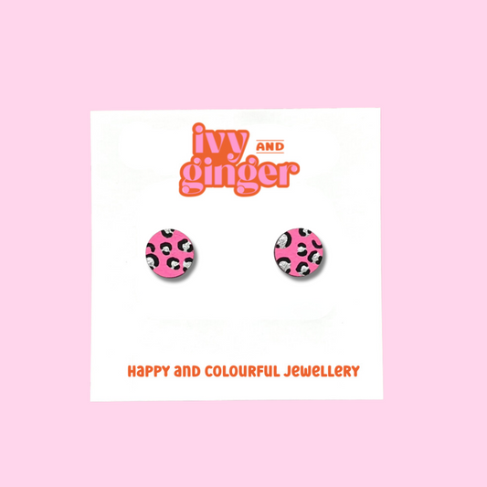 Mini leopard print circle studs in bright pink and silver