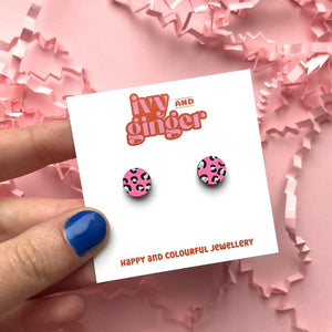Mini leopard print circle studs in bright pink and silver