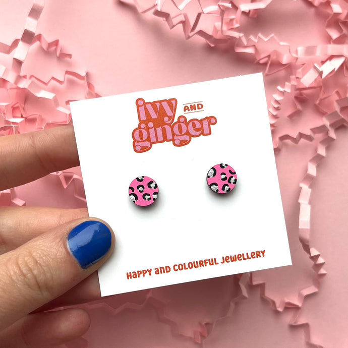 Mini leopard print circle studs in bright pink and silver