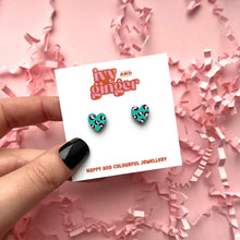 Load image into Gallery viewer, Mini leopard print heart green and pink stud earrings

