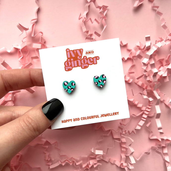 Mini leopard print heart green and pink stud earrings
