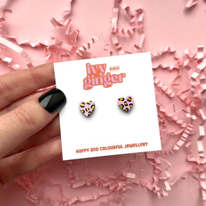 Mini leopard print heart pink and gold stud earrings