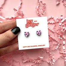Load image into Gallery viewer, Mini leopard print heart pink and purple stud earrings
