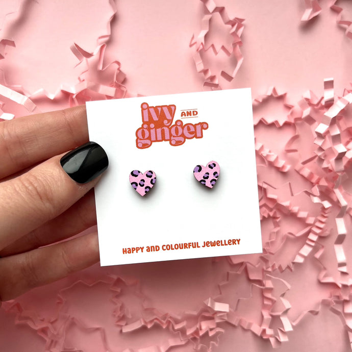 Mini leopard print heart pink and purple stud earrings