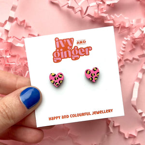 Mini leopard print heart studs in bright pink and gold