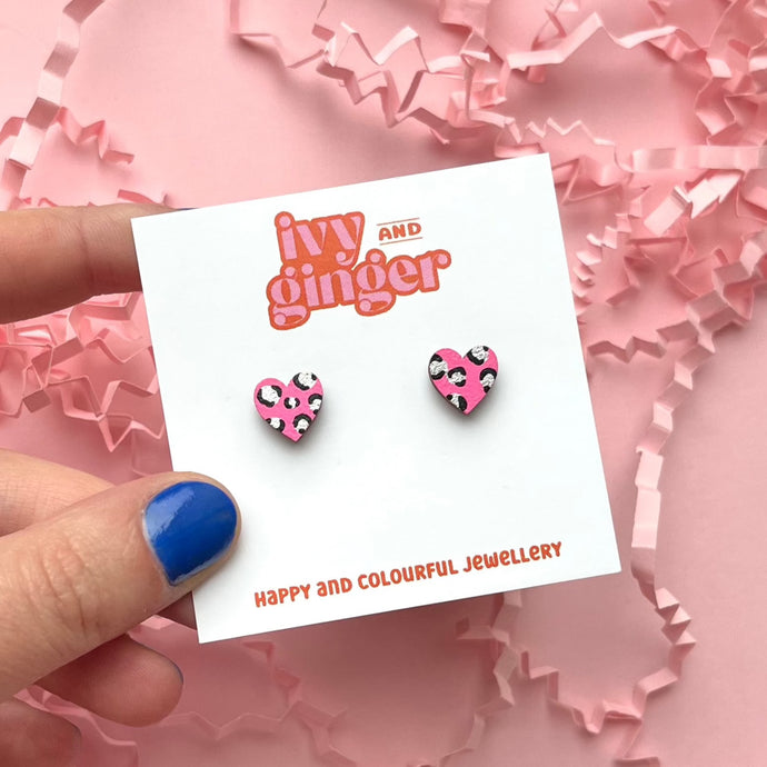 Mini leopard print heart studs in bright pink and silver