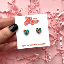 Load image into Gallery viewer, Mini leopard print heart teal and orange stud earrings
