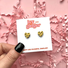 Load image into Gallery viewer, Mini leopard print heart yellow and gold stud earrings
